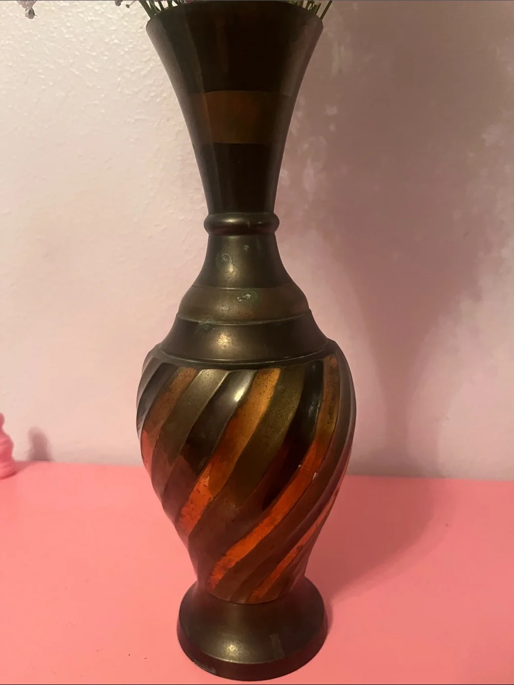 Tricolored vintage brass vase made in India 10.5 inches tall